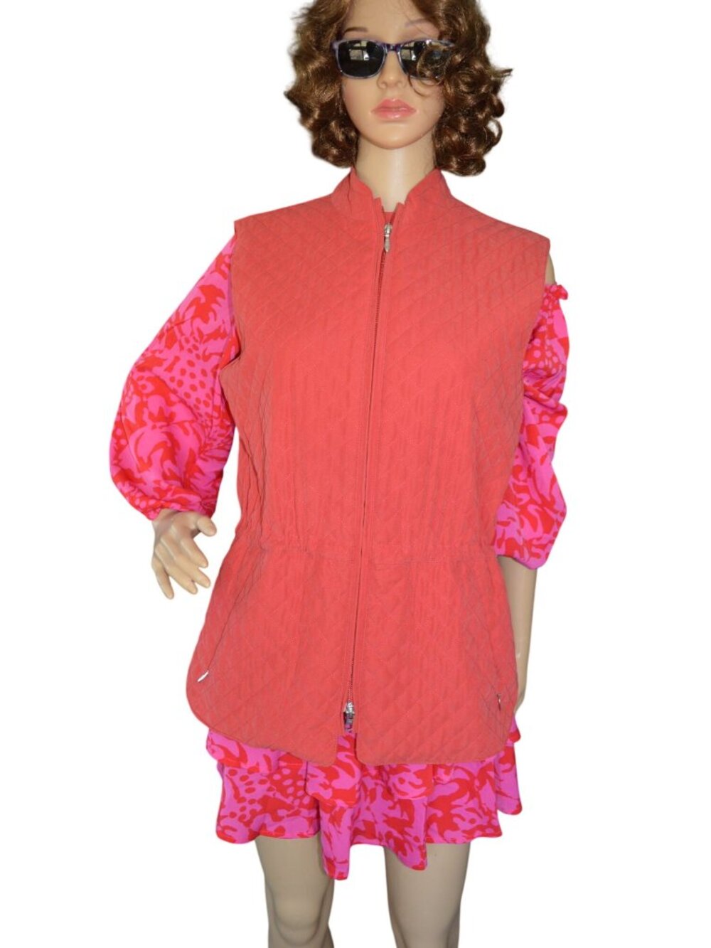 Talbots Coral Red Orange Quilted Double Zip Up Vest Women's Size S Cinched Waist